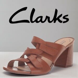 Clarks Leather Block Heel Sandals Brown Strappy Slides Comfort Collection 8.5